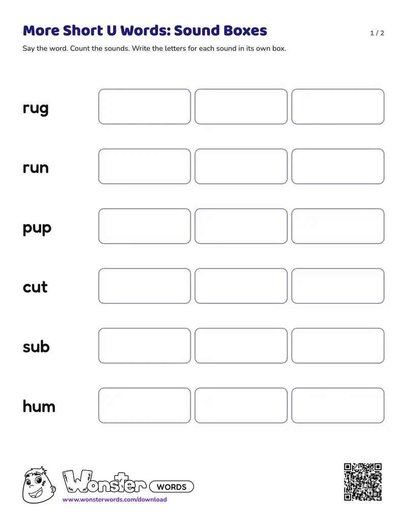 Page 1 of the More Short U Words: Sound Boxes worksheet (2 pages): 6 words, answer key included