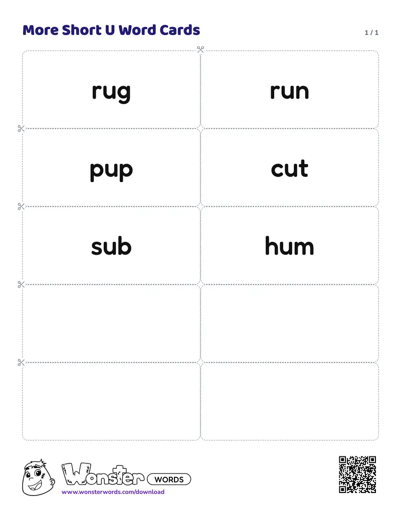 The More Short U Word Cards worksheet: 6 cards