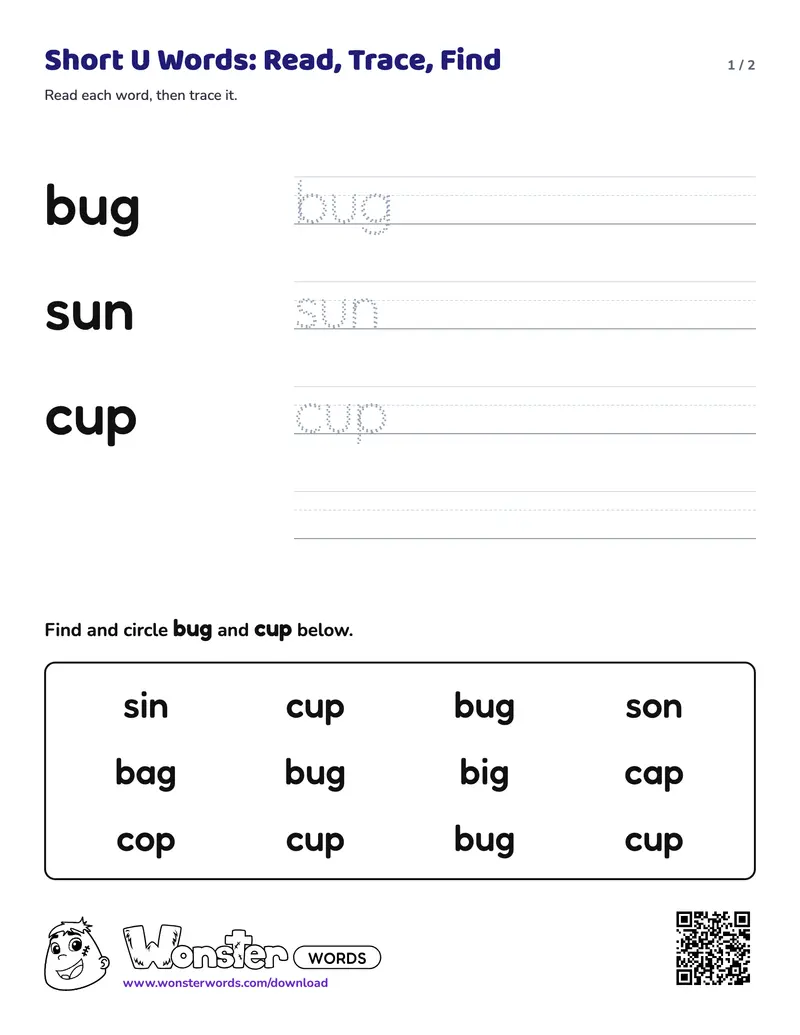 Page 1 of the Short U Words: Read, Trace, Find worksheet (2 pages): 3 words, answer key included