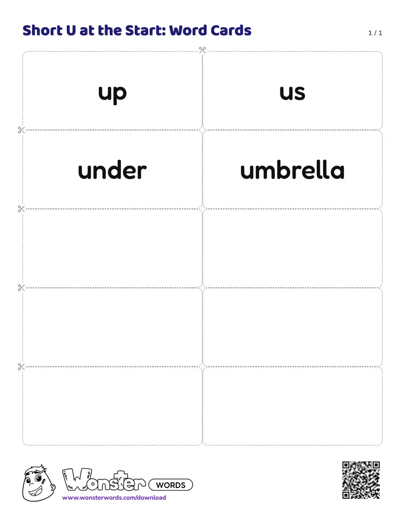 The Short U at the Start: Word Cards worksheet: 4 cards