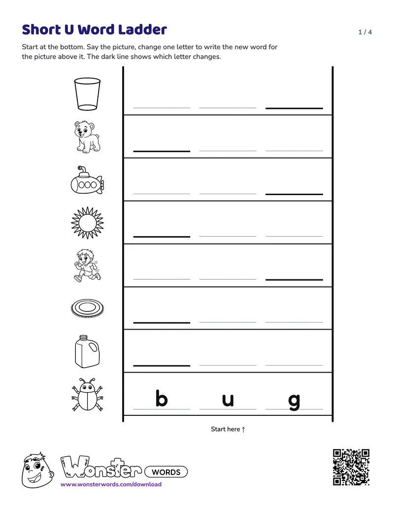 Page 1 of the Short U Word Ladder worksheet (4 pages): 14 rungs, answer key included