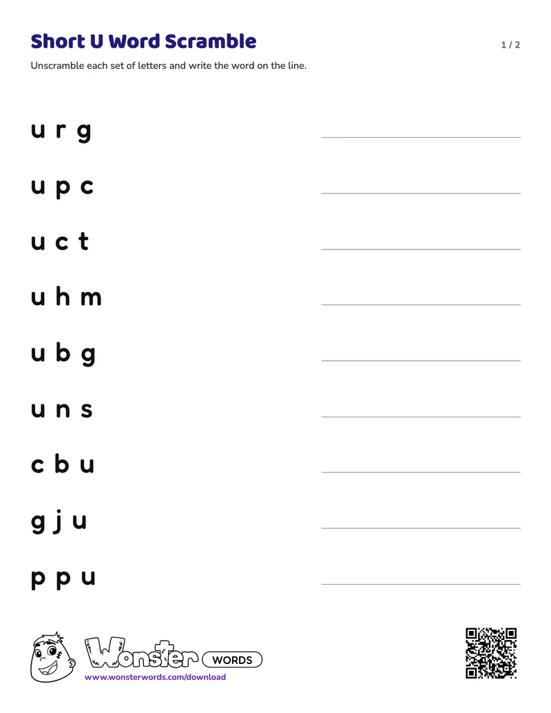 Page 1 of the Short U Word Scramble worksheet (2 pages): 9 words, answer key included