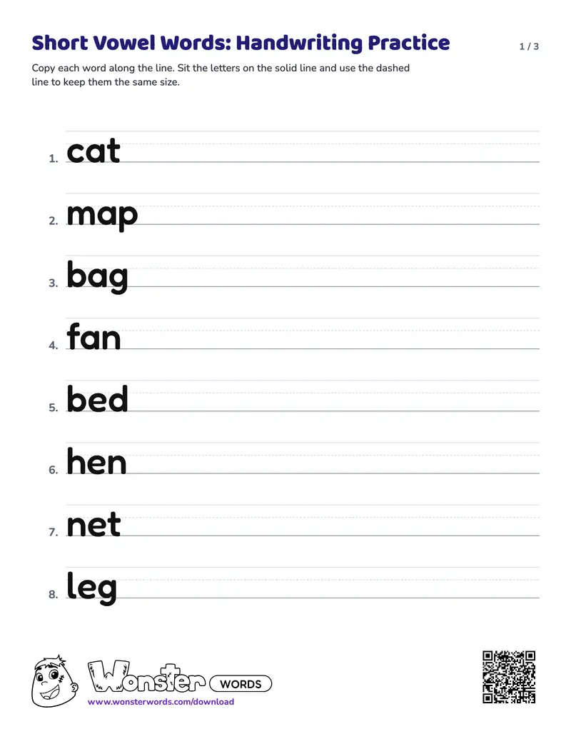 Page 1 of the Short Vowel Words: Handwriting Practice worksheet (3 pages): 20 words