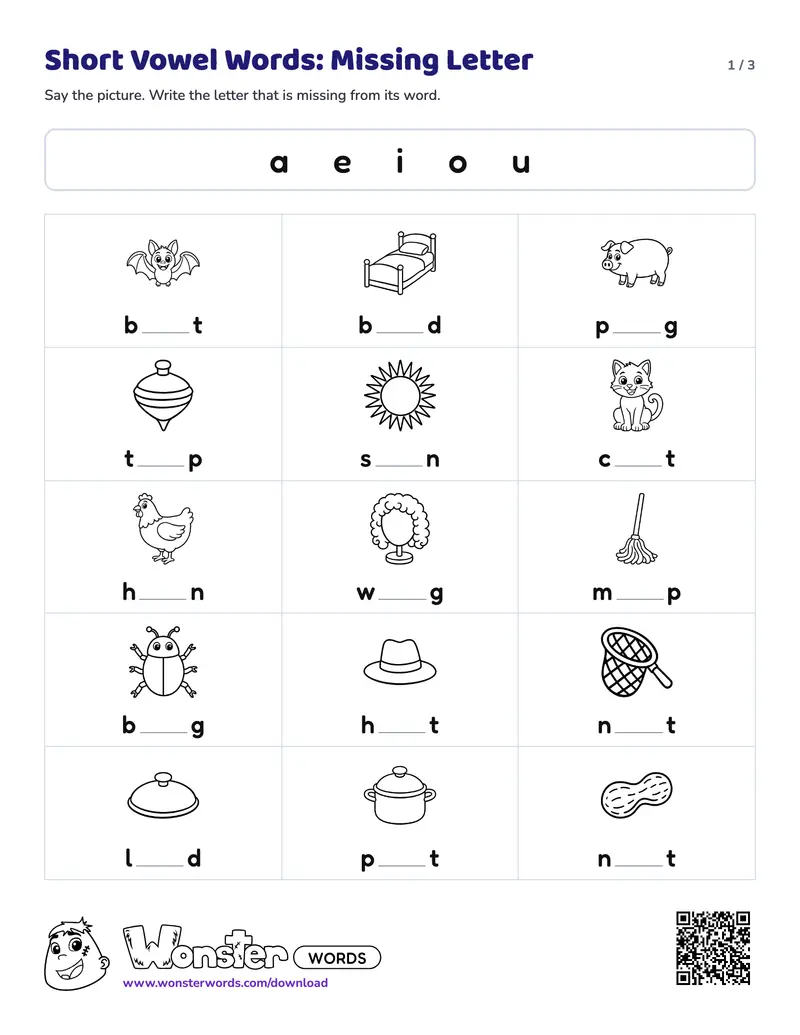Page 1 of the Short Vowel Words: Missing Letter worksheet (3 pages): 30 pictures, answer key included
