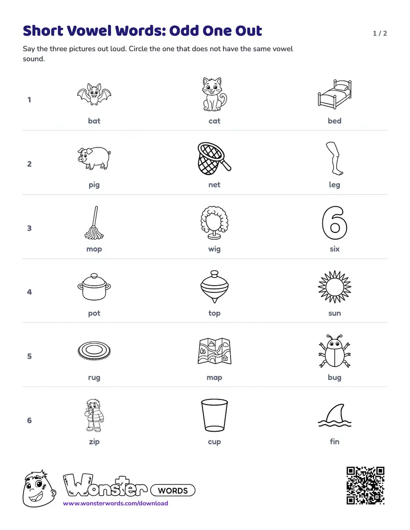 Page 1 of the Short Vowel Words: Odd One Out worksheet (2 pages): 6 rows, answer key included