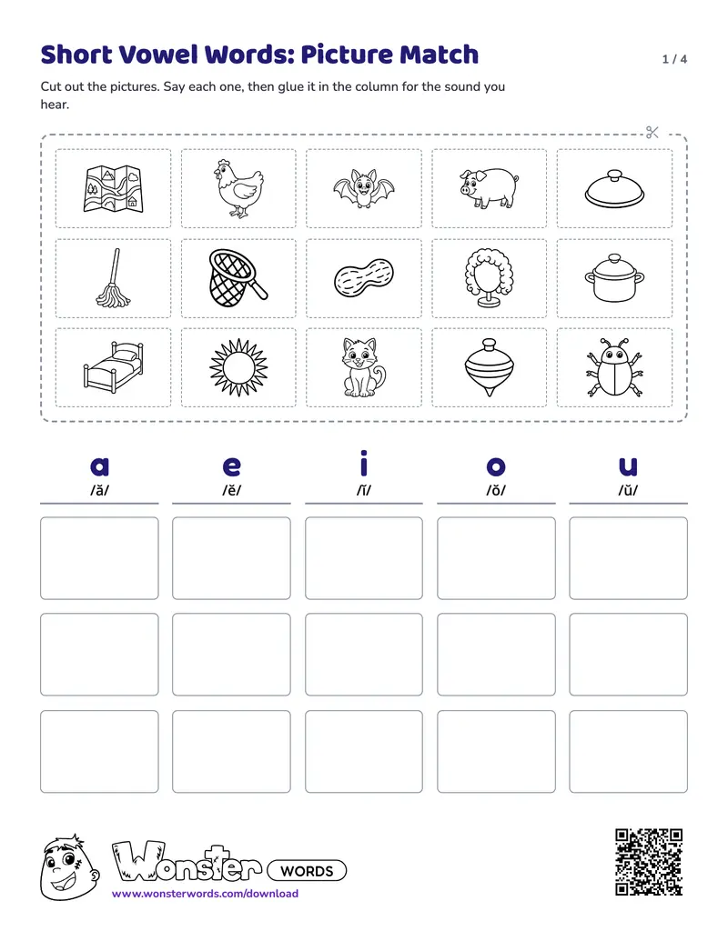 Page 1 of the Short Vowel Words: Picture Match worksheet (4 pages): 30 pictures, answer key included