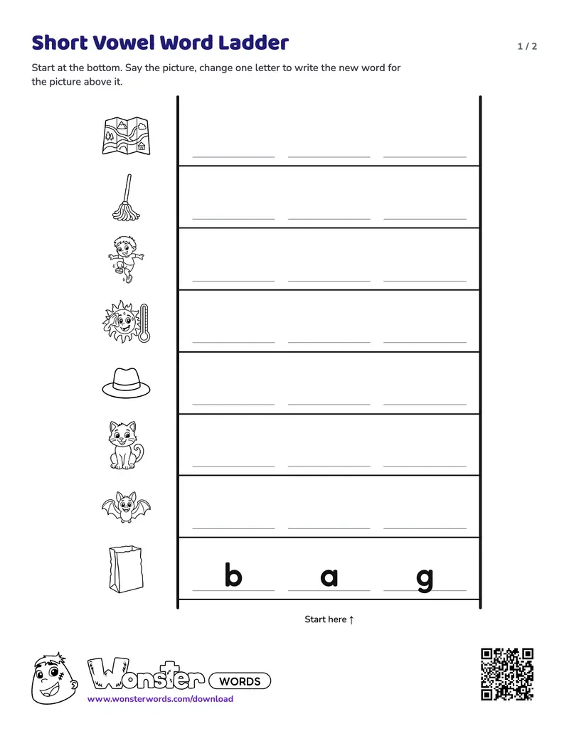 Page 1 of the Short Vowel Word Ladder worksheet (2 pages): 8 rungs, answer key included