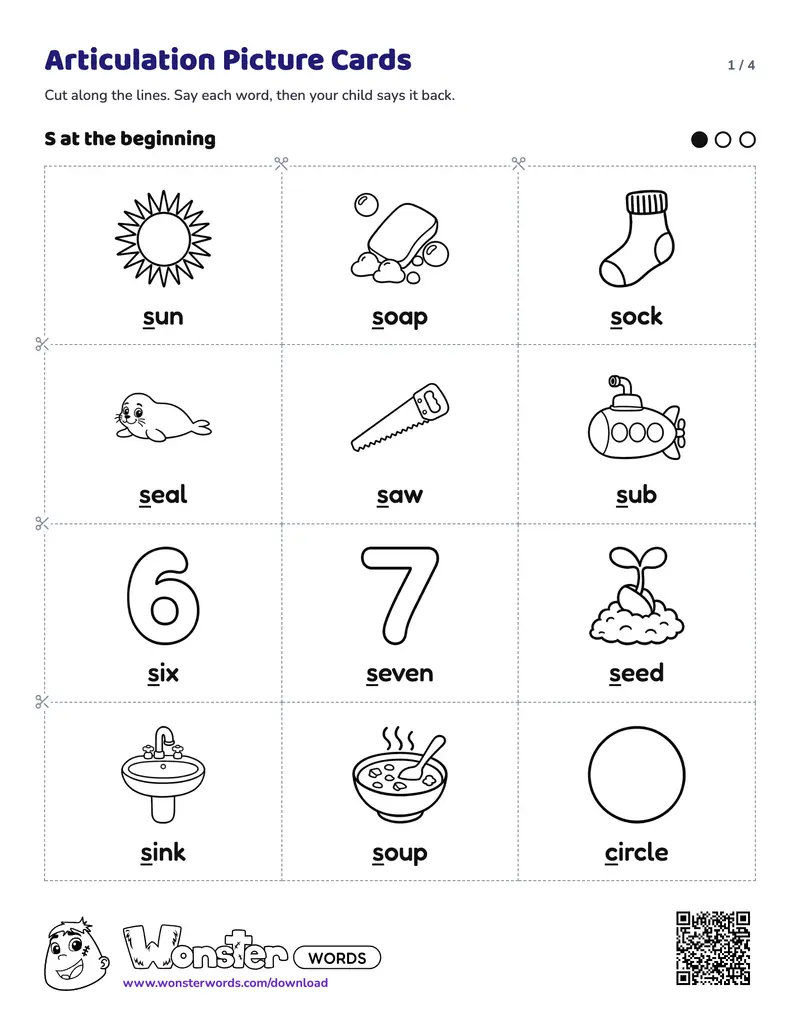 Page 1 of the Articulation Picture Cards worksheet (4 pages): 31 cards for S, F and Sh