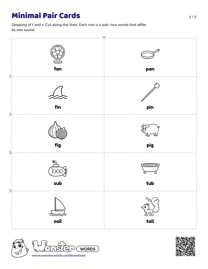 Page 1 of the Minimal Pair Cards worksheet (5 pages): 12 pairs