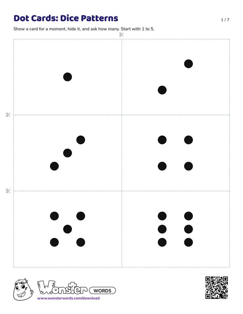 Page 1 of the Dot Cards worksheet (8 pages): 30 cards, answer key included