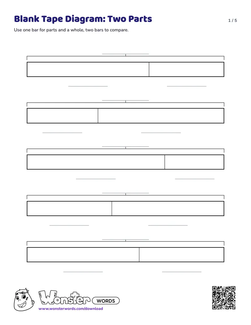 Page 1 of the Blank Tape Diagram worksheet (5 pages): 19 tape diagrams