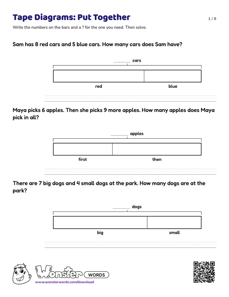 Page 1 of the Tape Diagram Word Problems worksheet (8 pages): 15 problems, answer key included