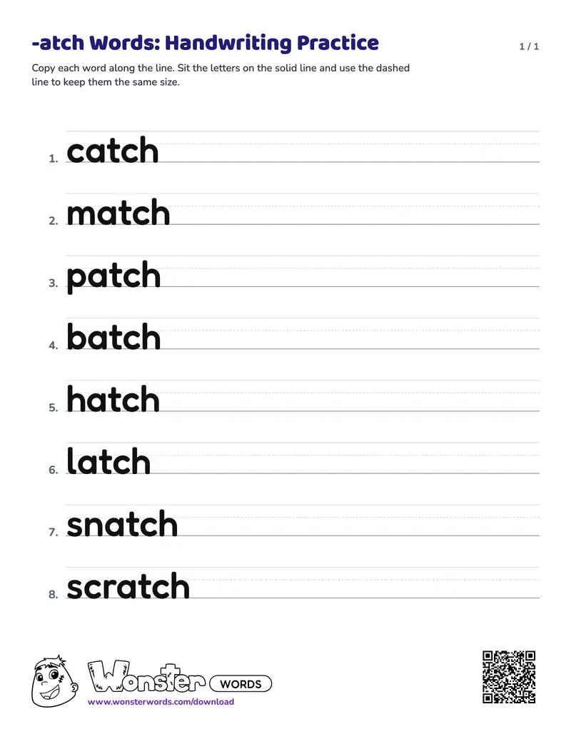 The -atch Words: Handwriting Practice worksheet: 8 words
