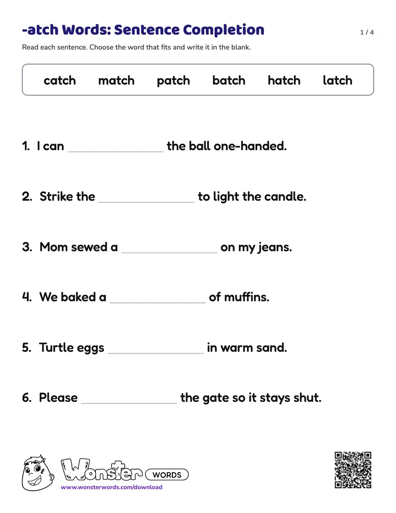 Page 1 of the -atch Words: Sentence Completion worksheet (4 pages): 8 sentences, answer key included