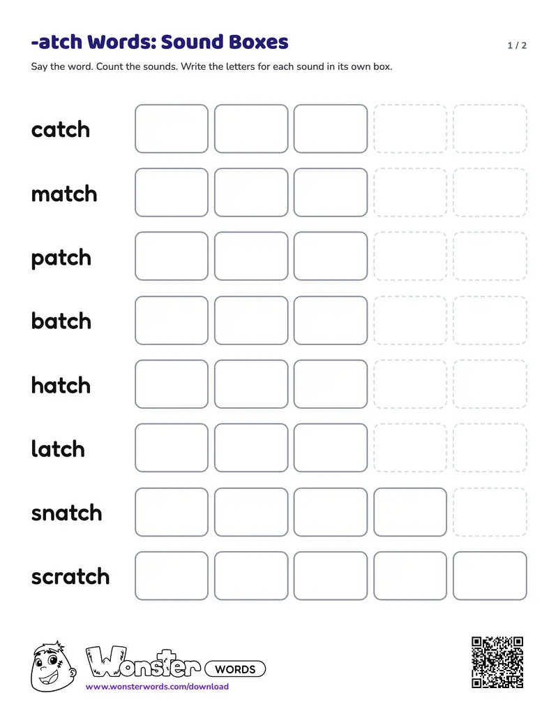 Page 1 of the -atch Words: Sound Boxes worksheet (2 pages): 8 words, answer key included