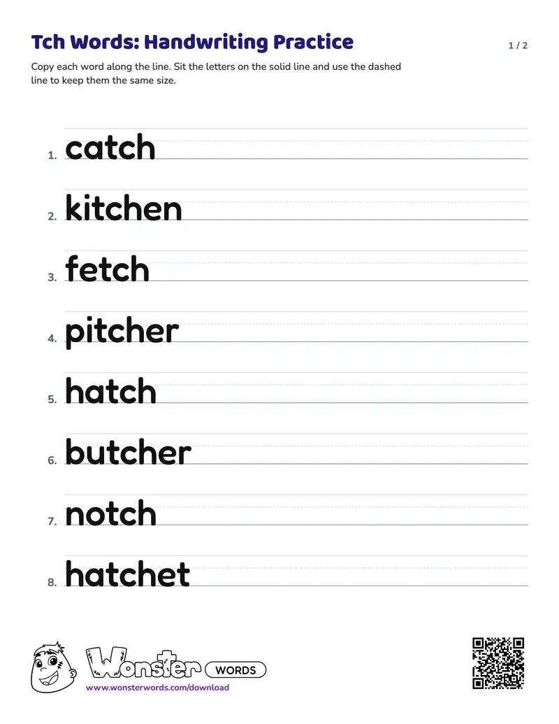 Page 1 of the Tch Words: Handwriting Practice worksheet (2 pages): 12 words