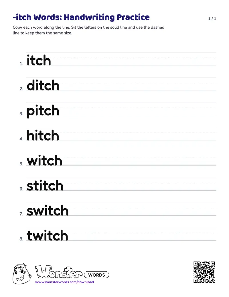 The -itch Words: Handwriting Practice worksheet: 8 words