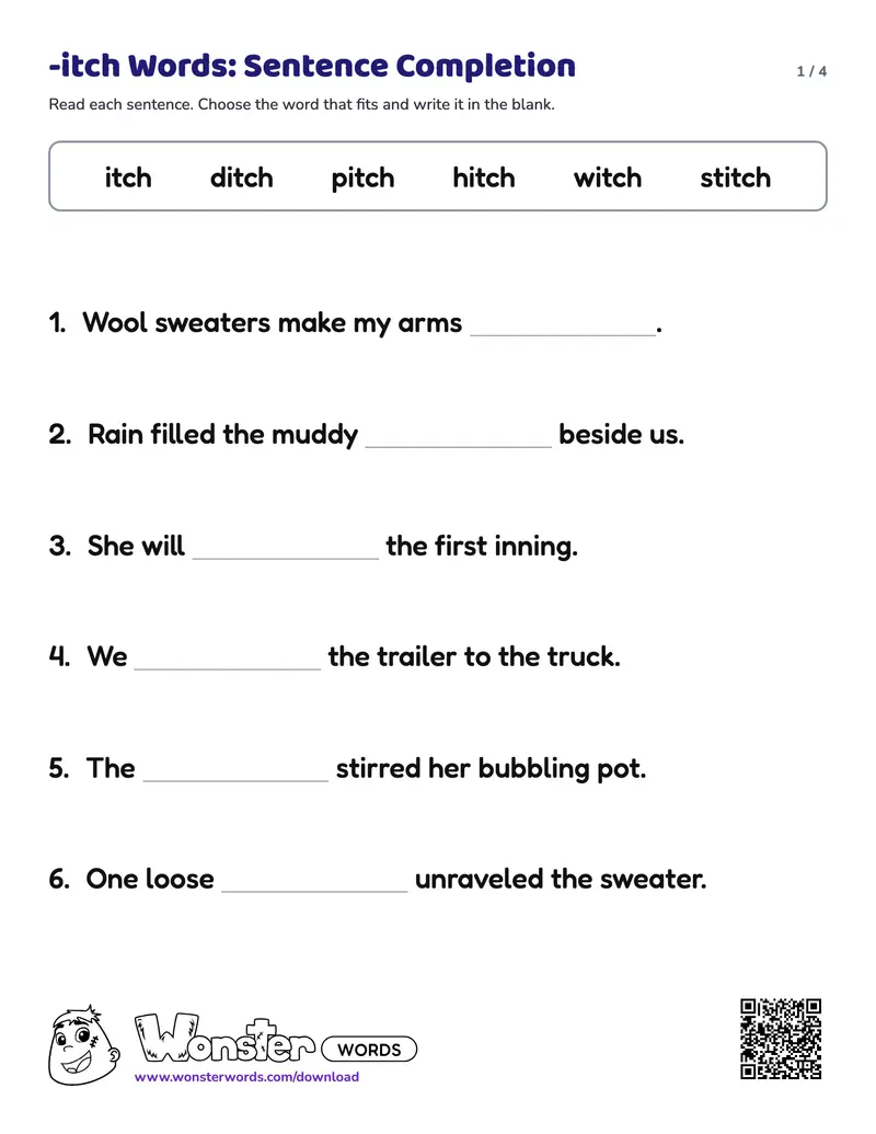 Page 1 of the -itch Words: Sentence Completion worksheet (4 pages): 8 sentences, answer key included