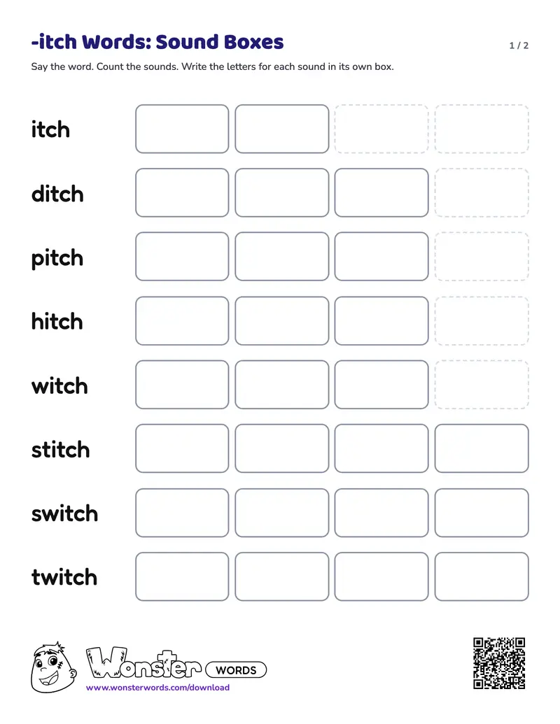 Page 1 of the -itch Words: Sound Boxes worksheet (2 pages): 8 words, answer key included