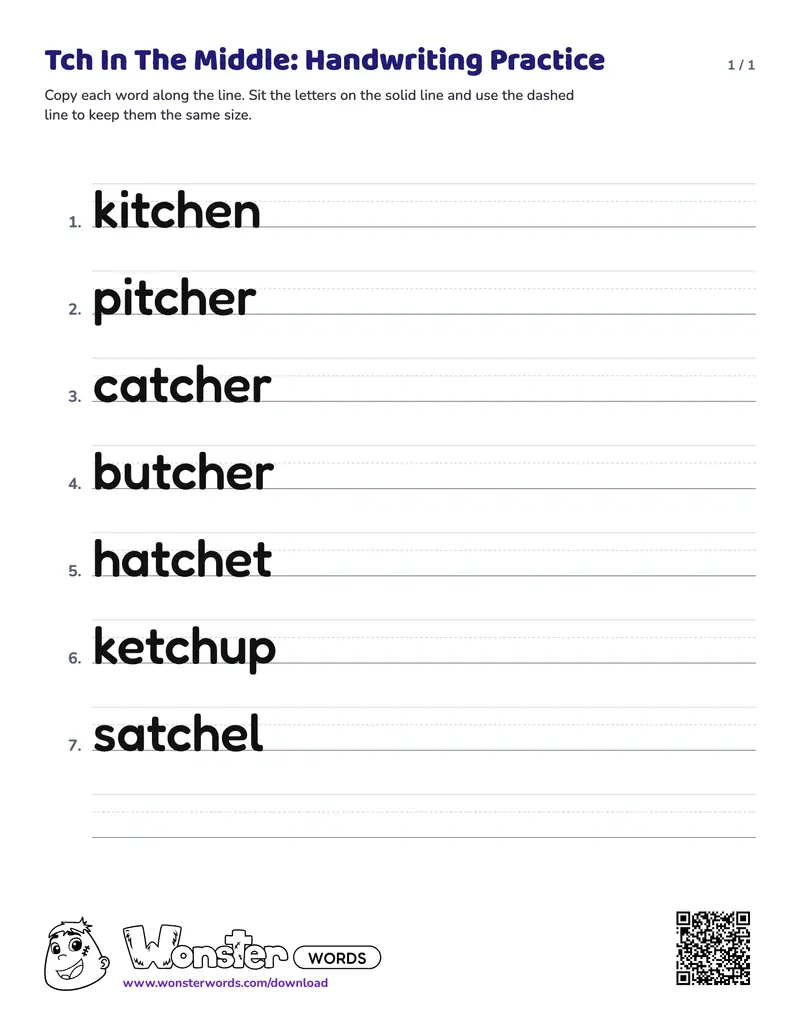 The Tch In The Middle: Handwriting Practice worksheet: 7 words