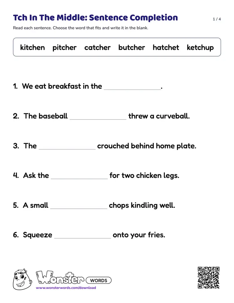 Page 1 of the Tch In The Middle: Sentence Completion worksheet (4 pages): 7 sentences, answer key included