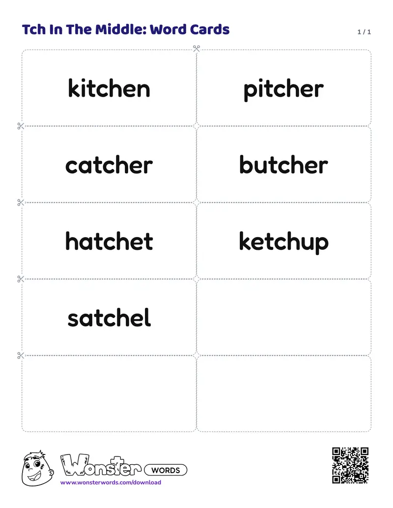 The Tch In The Middle: Word Cards worksheet: 7 cards