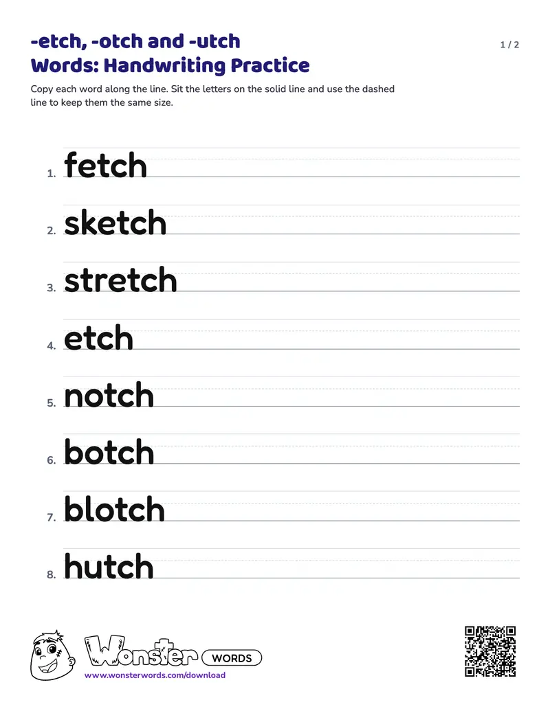 Page 1 of the -etch, -otch and -utch Words: Handwriting Practice worksheet (2 pages): 10 words