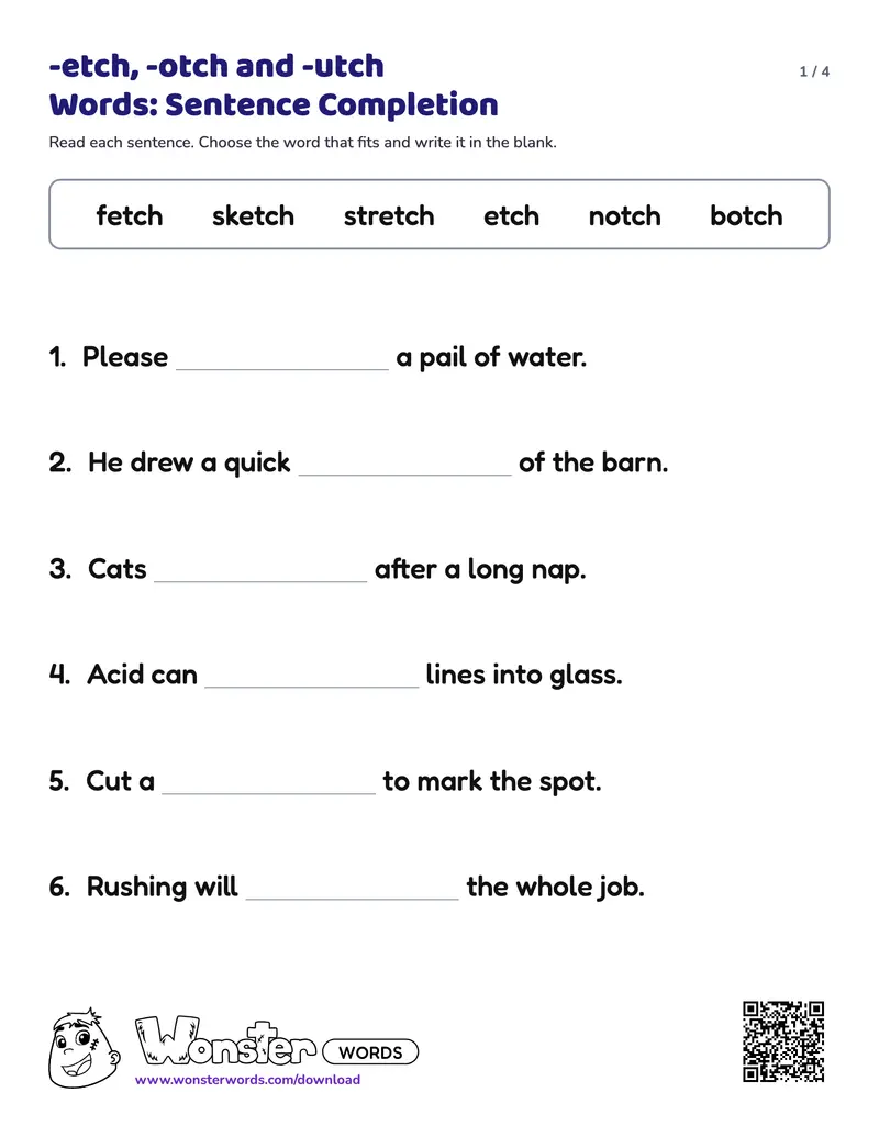 Page 1 of the -etch, -otch and -utch Words: Sentence Completion worksheet (4 pages): 10 sentences, answer key included