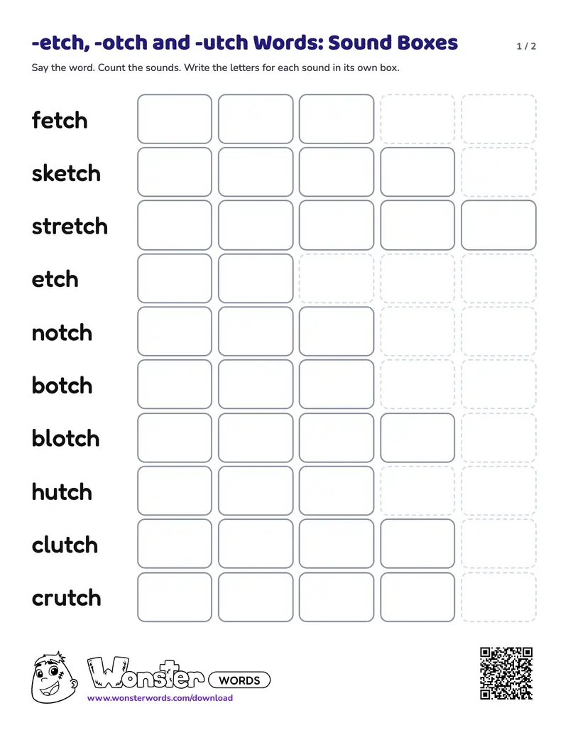 Page 1 of the -etch, -otch and -utch Words: Sound Boxes worksheet (2 pages): 10 words, answer key included