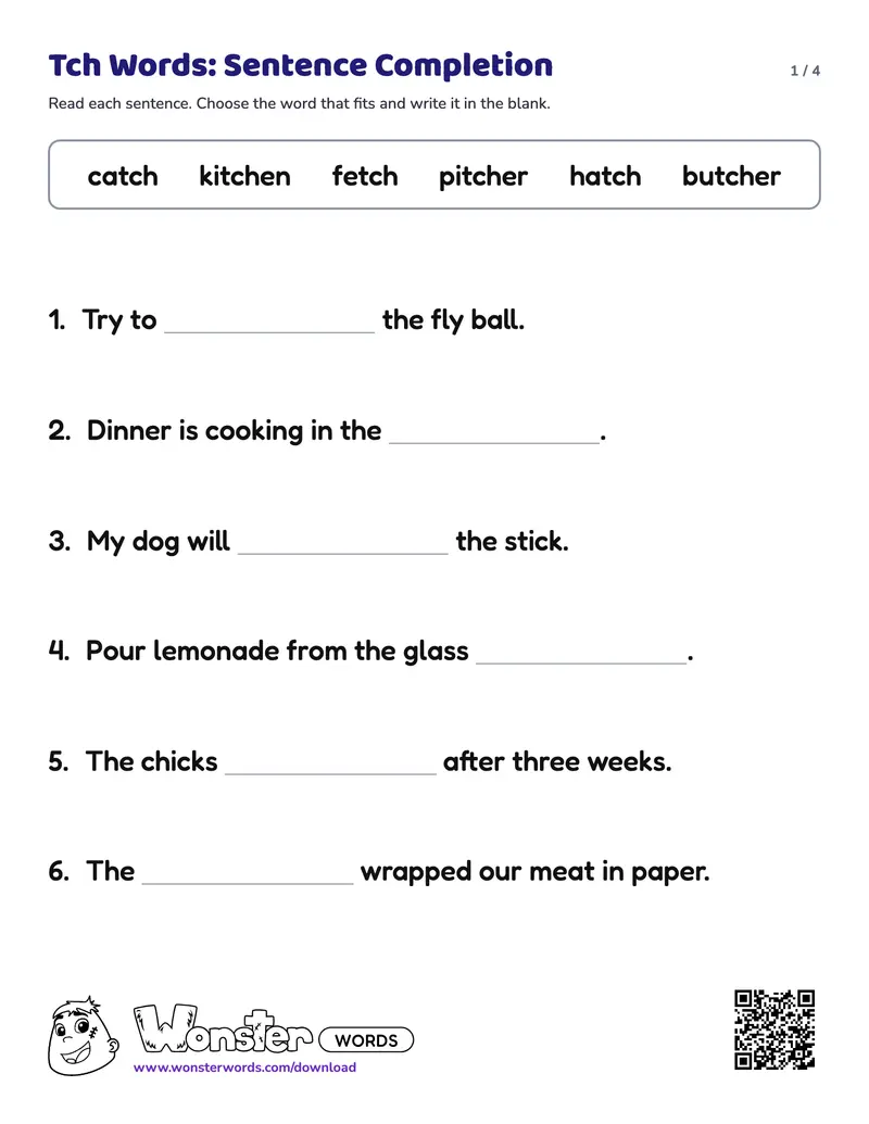 Page 1 of the Tch Words: Sentence Completion worksheet (4 pages): 12 sentences, answer key included