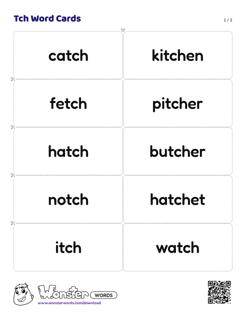 Page 1 of the Tch Word Cards worksheet (2 pages): 12 cards
