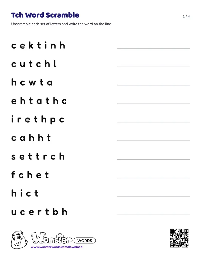 Page 1 of the Tch Word Scramble worksheet (4 pages): 12 words, answer key included