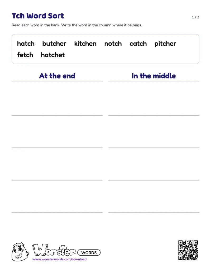 Page 1 of the Tch Word Sort worksheet (2 pages): 8 words, answer key included