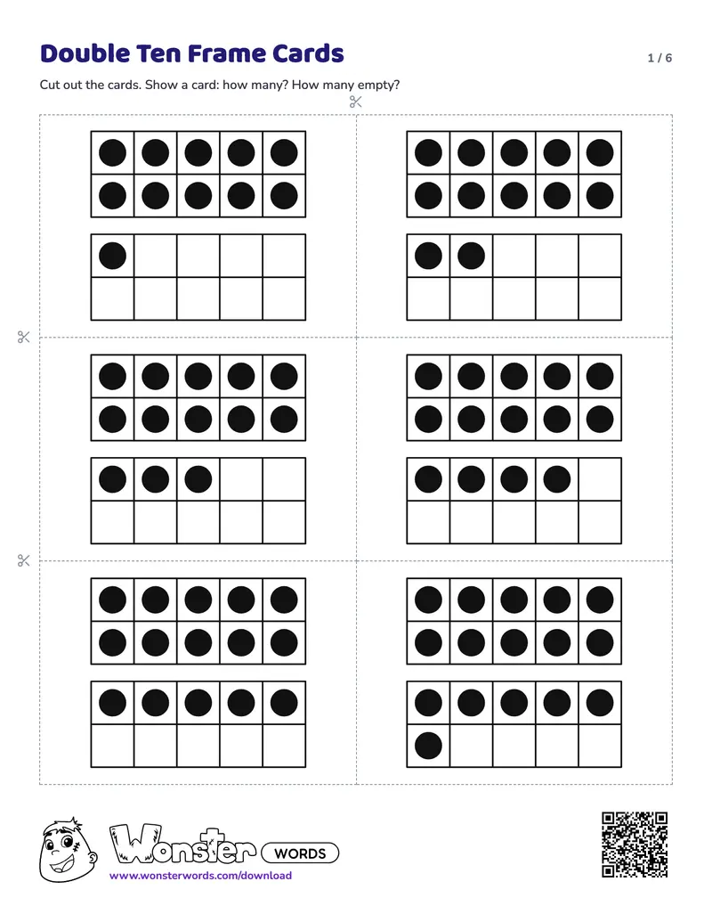 Page 1 of the Double Ten Frame Cards worksheet (6 pages): 10 cards, answer key included