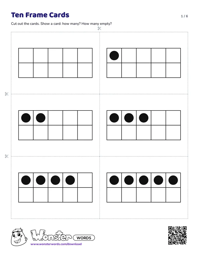 Page 1 of the Ten Frame Cards worksheet (6 pages): 11 cards, answer key included
