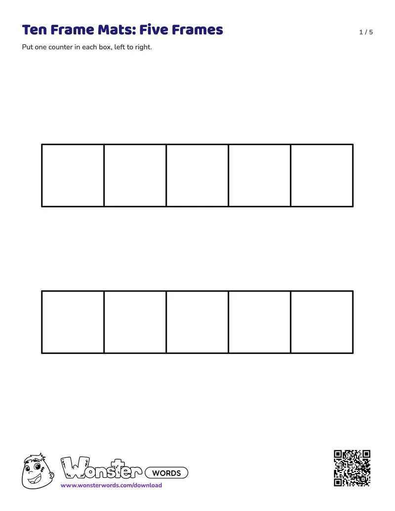 Page 1 of the Ten Frame Mats worksheet (5 pages): 4 mats