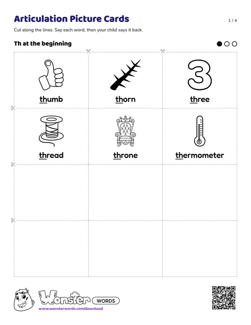 Page 1 of the Articulation Picture Cards worksheet (4 pages): 17 cards for Th