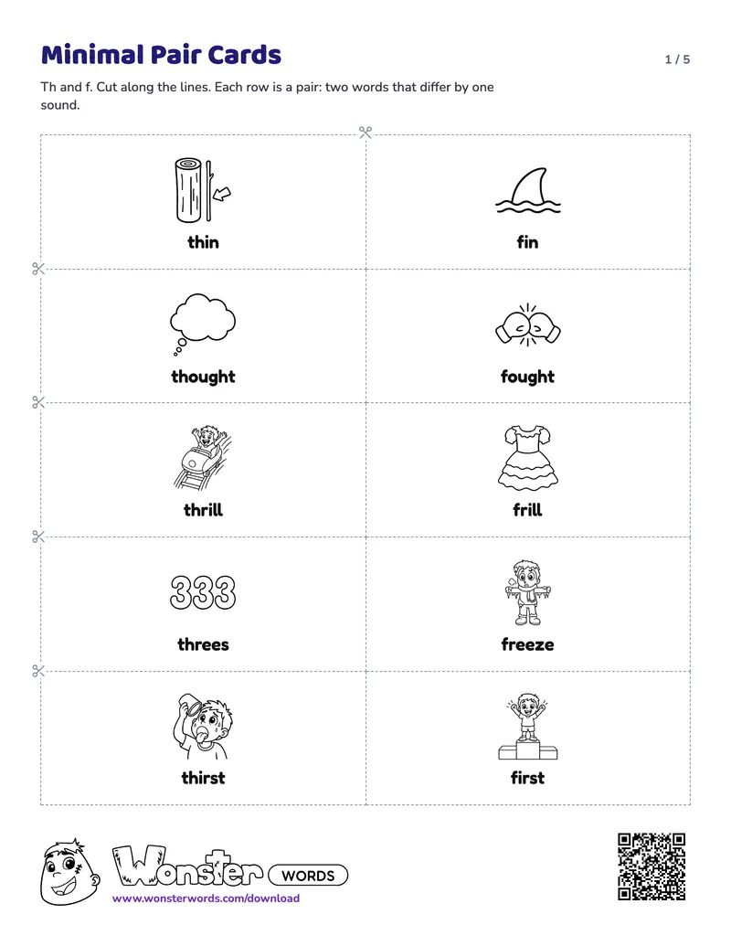 Page 1 of the Minimal Pair Cards worksheet (5 pages): 13 pairs