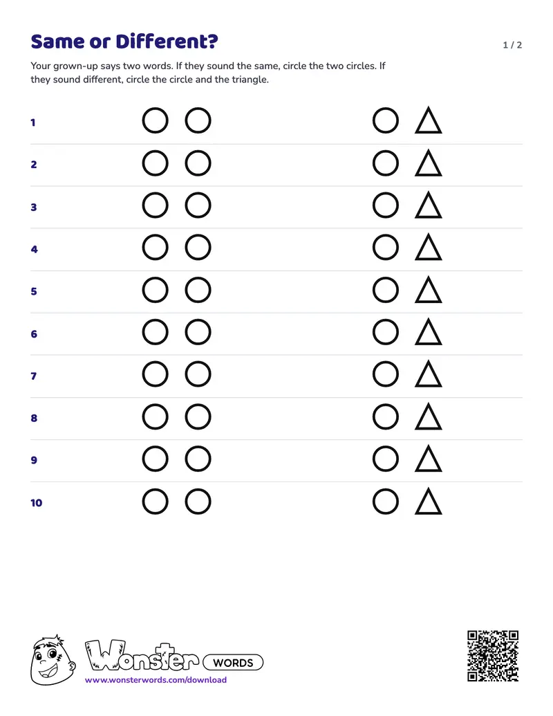 Page 1 of the Same or Different? worksheet (2 pages): 10 pairs, answer key included
