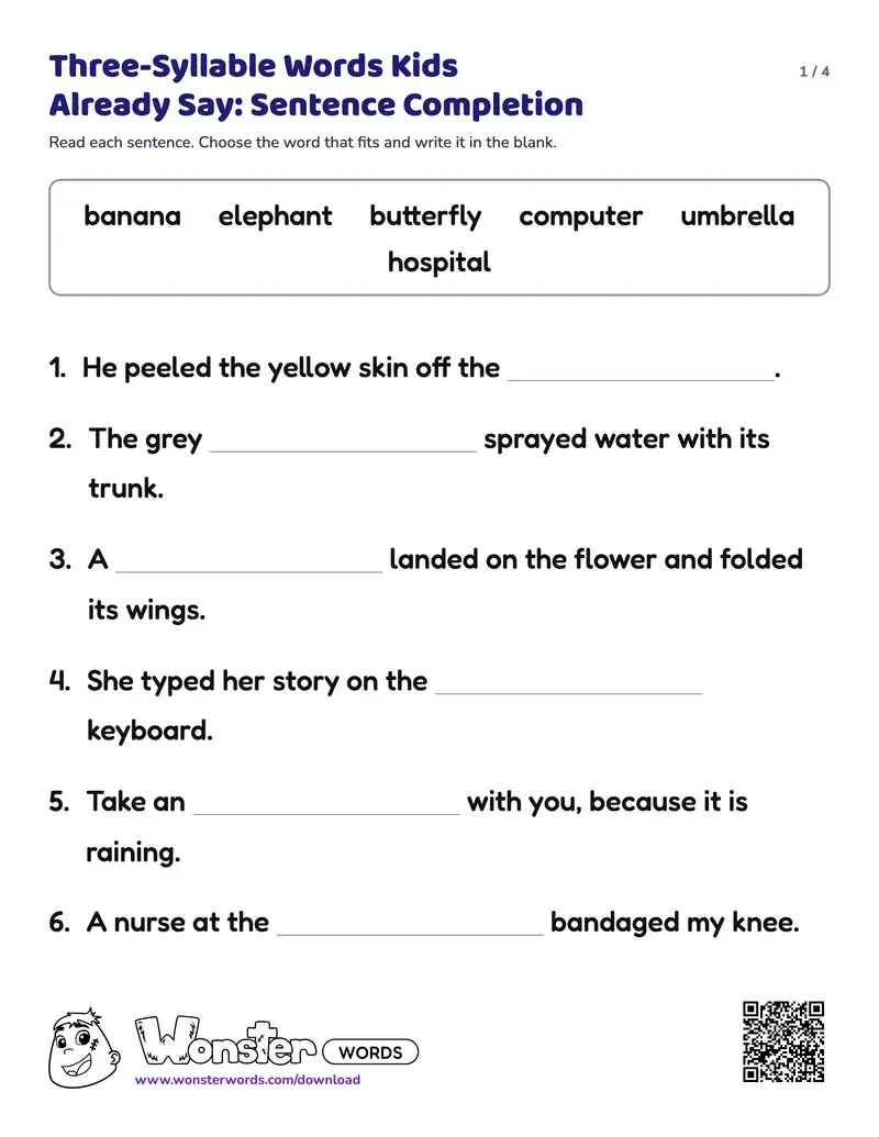 Page 1 of the Three-Syllable Words Kids Already Say: Sentence Completion worksheet (4 pages): 8 sentences, answer key included