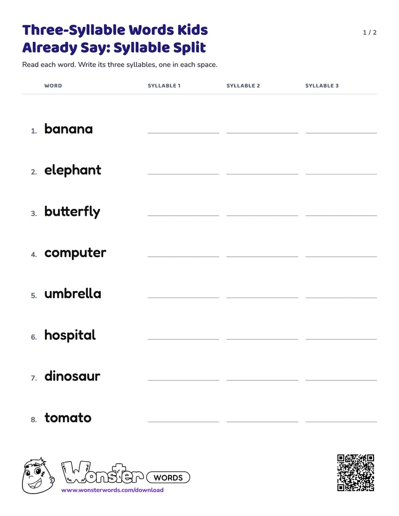 Page 1 of the Three-Syllable Words Kids Already Say: Syllable Split worksheet (2 pages): 8 words, answer key included