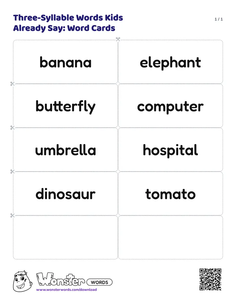 The Three-Syllable Words Kids Already Say: Word Cards worksheet: 8 cards