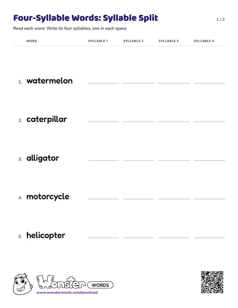 Page 1 of the Four-Syllable Words: Syllable Split worksheet (2 pages): 5 words, answer key included