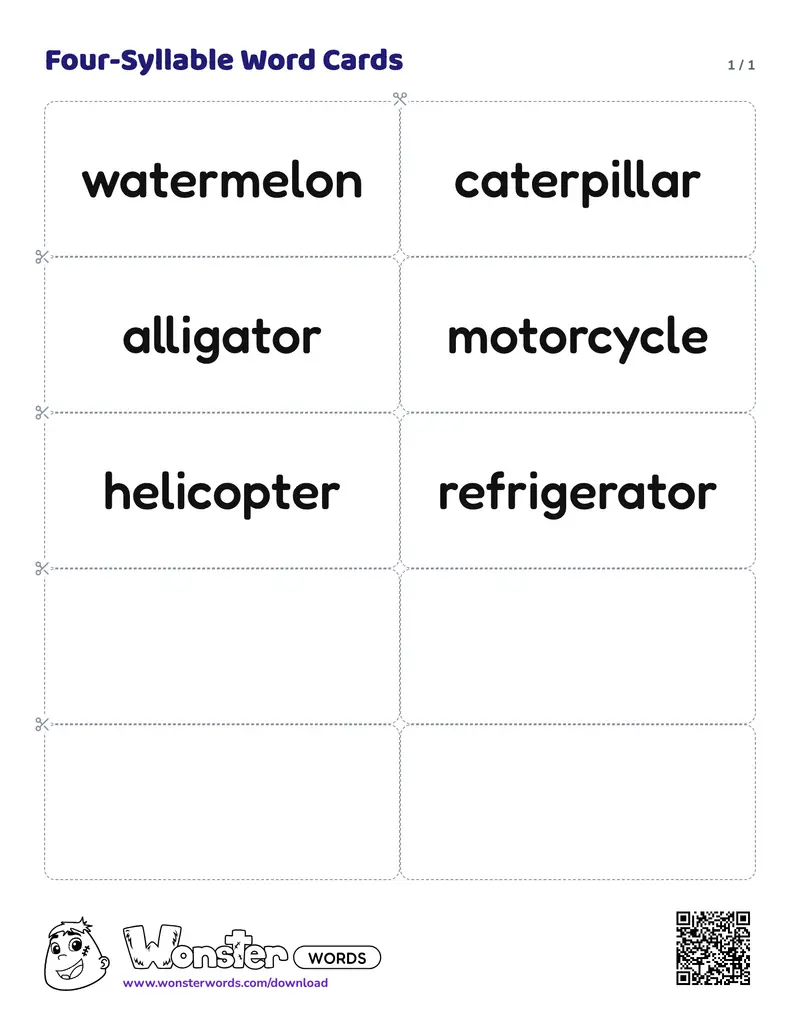 The Four-Syllable Word Cards worksheet: 6 cards