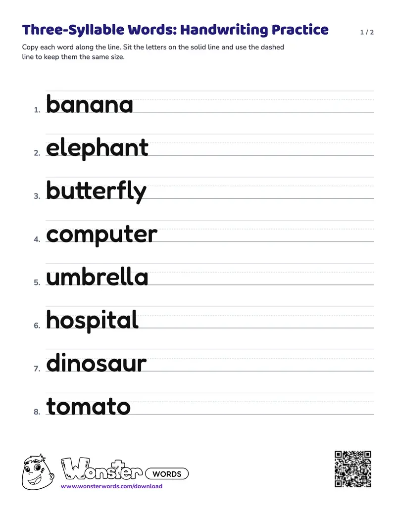 Page 1 of the Three-Syllable Words: Handwriting Practice worksheet (2 pages): 16 words