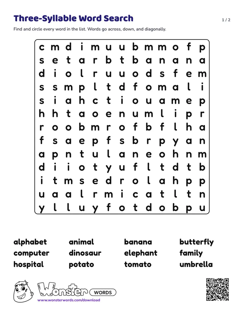 Page 1 of the Three-Syllable Word Search worksheet (2 pages): 12 words, answer key included