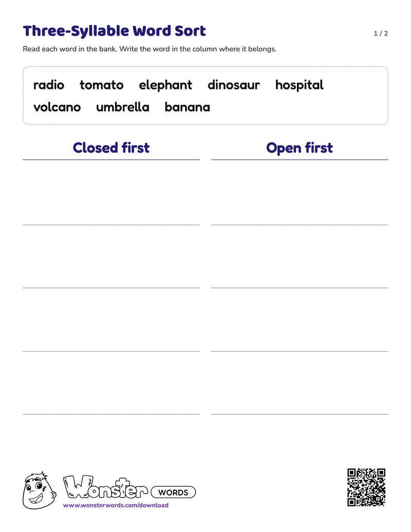 Page 1 of the Three-Syllable Word Sort worksheet (2 pages): 8 words, answer key included