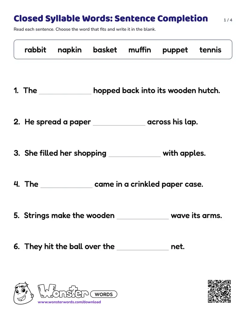 Page 1 of the Closed Syllable Words: Sentence Completion worksheet (4 pages): 8 sentences, answer key included