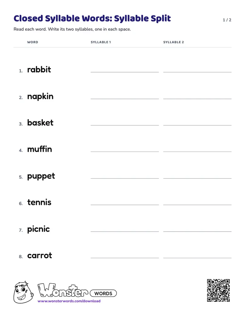 Page 1 of the Closed Syllable Words: Syllable Split worksheet (2 pages): 8 words, answer key included