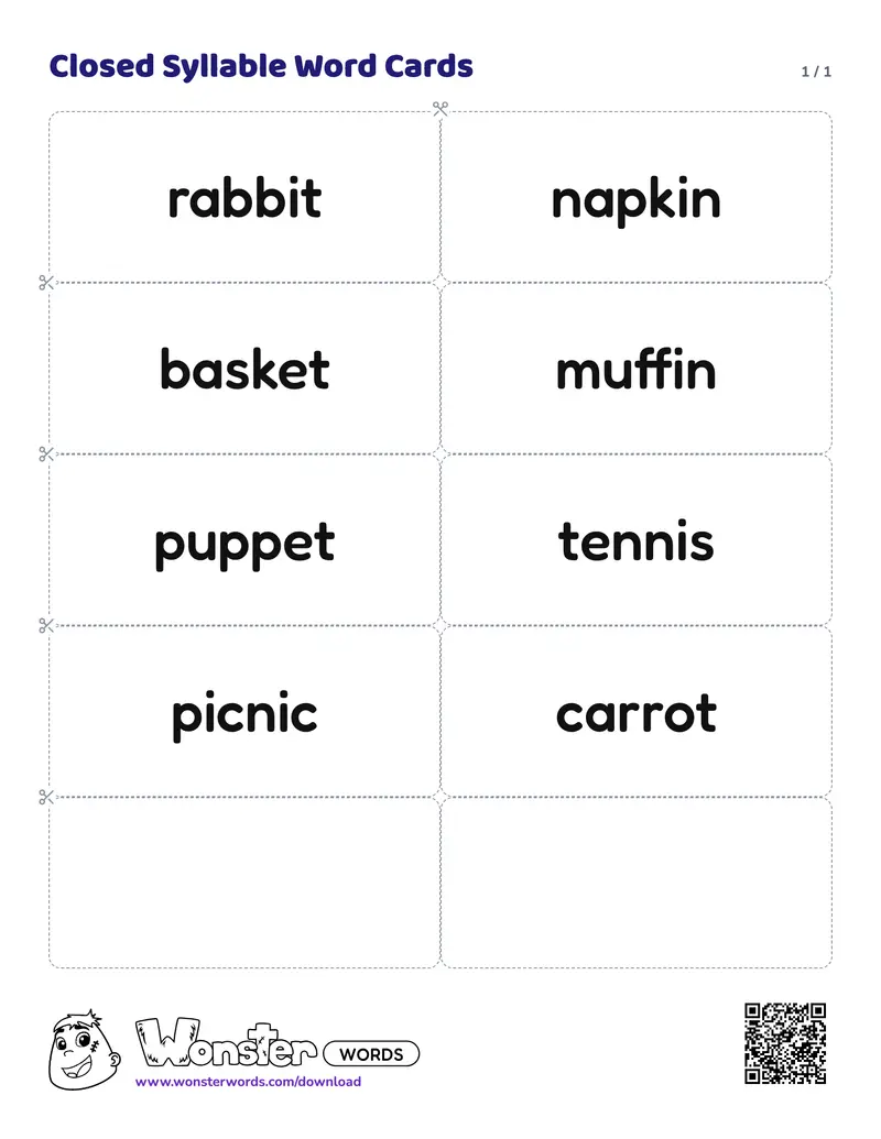 The Closed Syllable Word Cards worksheet: 8 cards